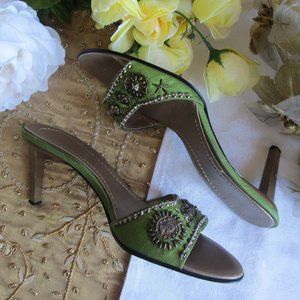 NORDSTROM NINE WEST JADE SILK BRONZE GOLD EMBELLISHED SANDALS 7.5